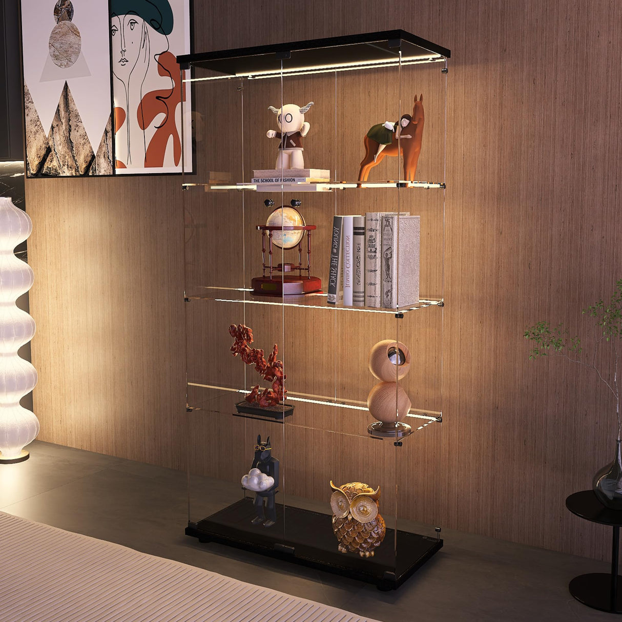 Modern 4-Tier Glass Display Shelf with 2 Doors, Curio Cabinet Collection - Floor Standing Display Case for Living Room, Bedroom, Home Office - 30" W x 14.5" D x 64" H (Black with LED Light Strip) Zacis