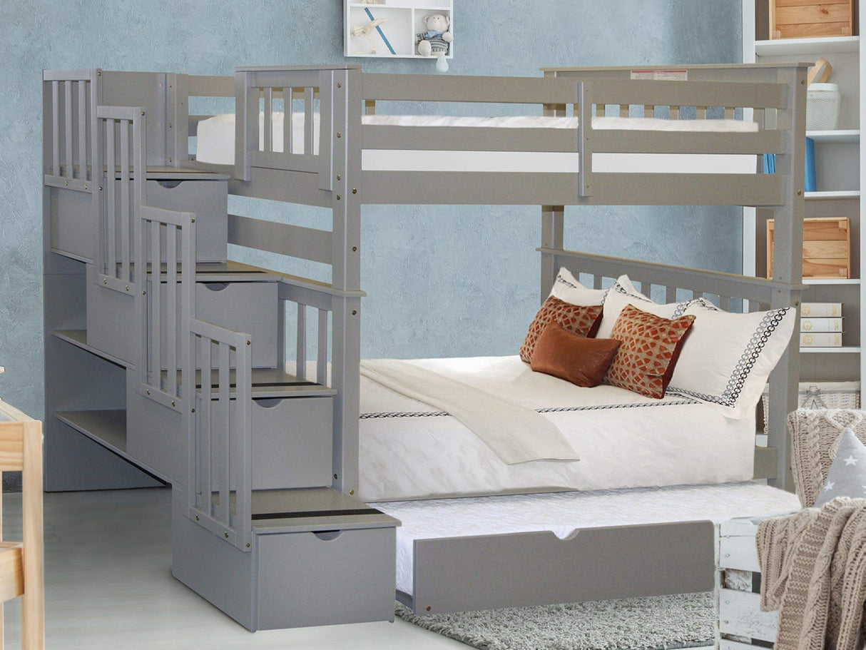 Bedz King Tall Stairway Bunk Beds Twin over Twin with 4 Drawers in the Steps and a Twin Trundle, Gray Bedz King