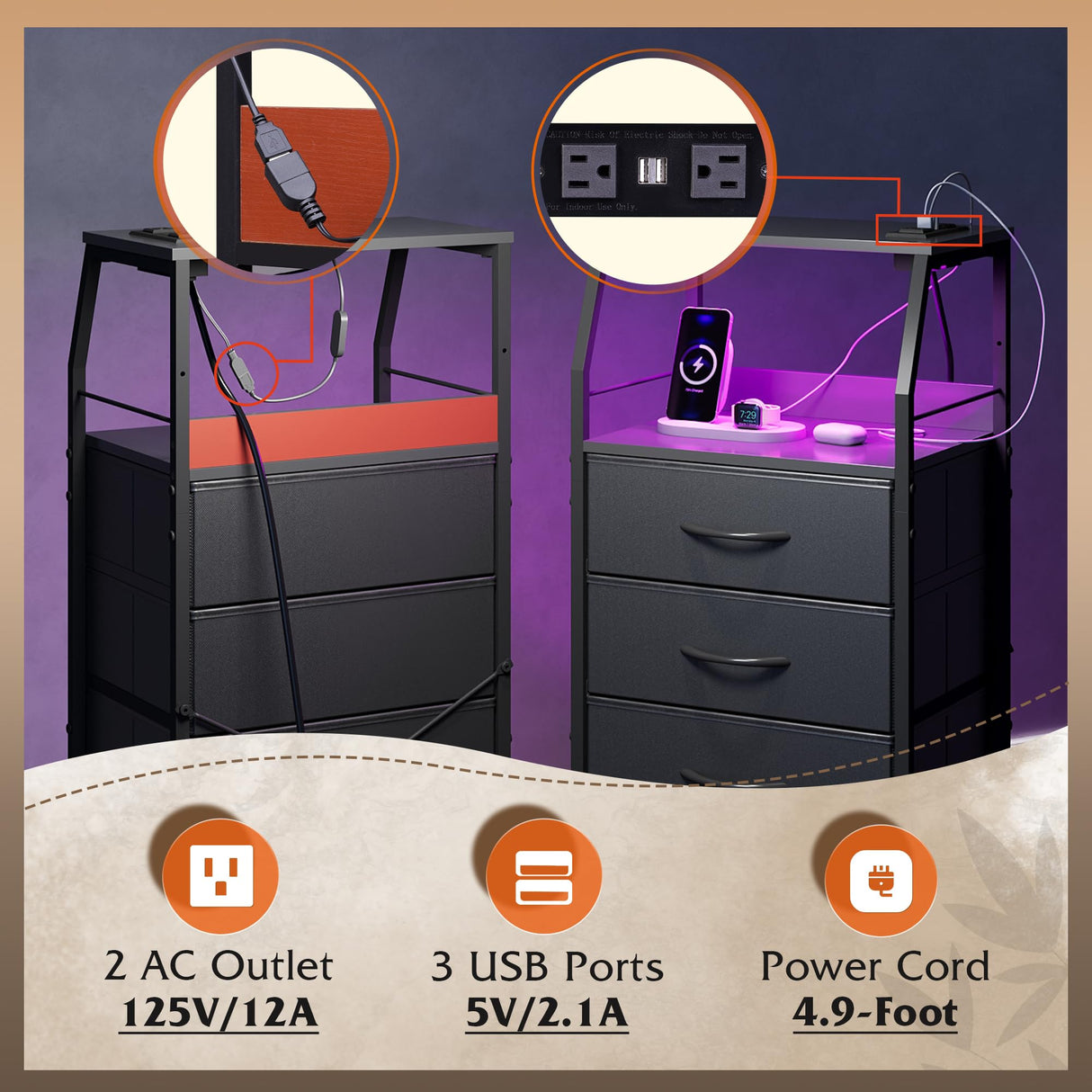 WLIVE Night Stand Set of 2 with Charger Station, Nightstand Sets with LED Light and 4 Storage Drawers, Tall Dressers for Bedroom, Bedside Tables with Fabric Bins, Wood Shelf, Metal Frame, Black WLIVE