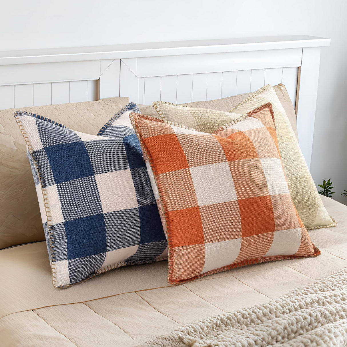 decorUhome Christmas Buffalo Plaid Check Throw Pillow Covers 18x18 Set of 2, Outdoor Linen Decorative Farmhouse Gingham Pillow Covers with Stitched Edge for Bed Couch Sofa, Cream White and Beige decorUhome