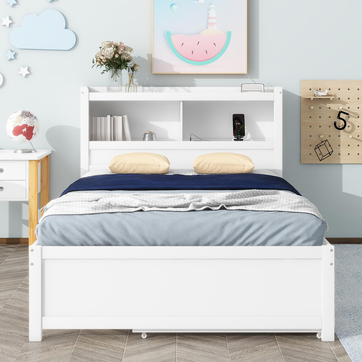 Harper & Bright Designs Full Size Platform Bed with Trundle, Drawers and Bookcase Headboard with USB Plugs, Hardwood Full Size Bed Frame, No Box Spring Needed - White Harper & Bright Designs