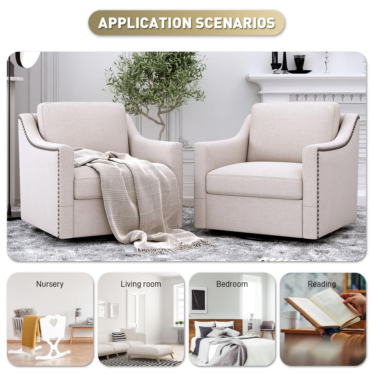 Wrofly Swivel Barrel Chair Set of 2, Oversized Swivel Accent Chair with Comfy Back Pillow, Modern Upholstered Reading Lounge Chairs for Living Room Bedroom Office Club, Beige Linen Wrofly