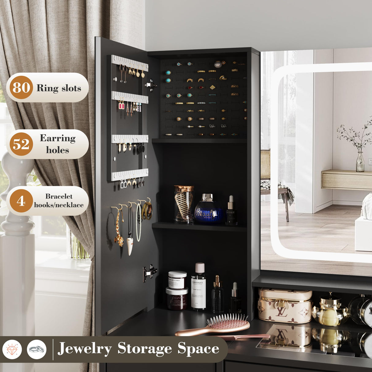 Makeup Vanity with Glass Top, Black Vanity Desk with Mirror and Lights, Vanity with Power Outlet and Jewelry Cabinet, Vanity Table with 3 Color Lighting Modes, Dressing Table for Women, Girls Maupvit