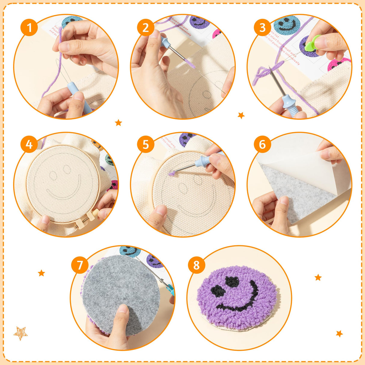 FoszaSzept Smile Punch Needle Coaster Kit, 22Pcs Embroidery Needle Coasters Crafts for Beginners, Easy DIY Mug Tufted Making Set with 6 Patterns Hoop Self Adhesive Felt Cloth Threading Device Gifts FoszaSzept