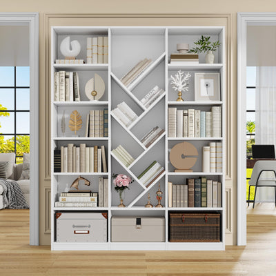 Nosepen 71" White Bookshelf, 6-Tier Floor Standing Bookcase with 13 Square Storage, Tall Bookshelf with Adjustable Shelves, Modern Tree Style Display Organizer for Office, Living Room, Library, White