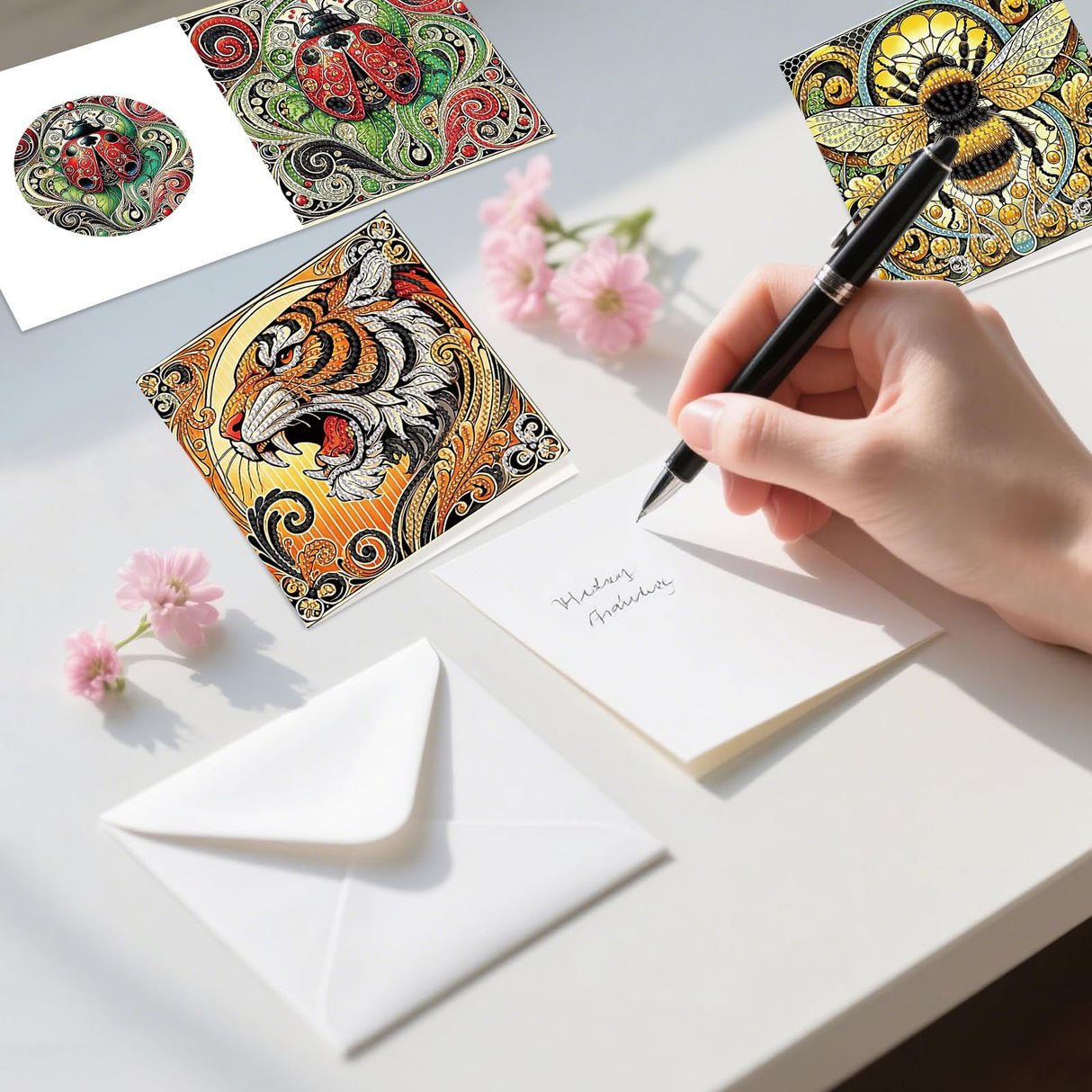 6 Pack Animal Diamond Art Greeting Cards with Envelopes, DIY 5D Diamond Painting Card Kit Featuring Phoenix Owl Bee Eagle Ladybug and Tiger, Handmade Rhinestone Craft Cards for Birthday and Holiday AiYuanzsh
