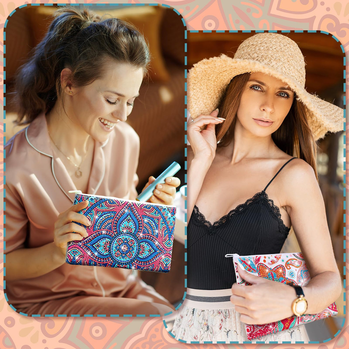 Sweetude 6 Pcs Mandala DIY Diamond Painting Purses Toiletry 5D DIY Makeup Bags Handmade Rhinestone Design Diamond Painting Cosmetic Bags Bulk with Zipper for Women Christmas Gift Sweetude