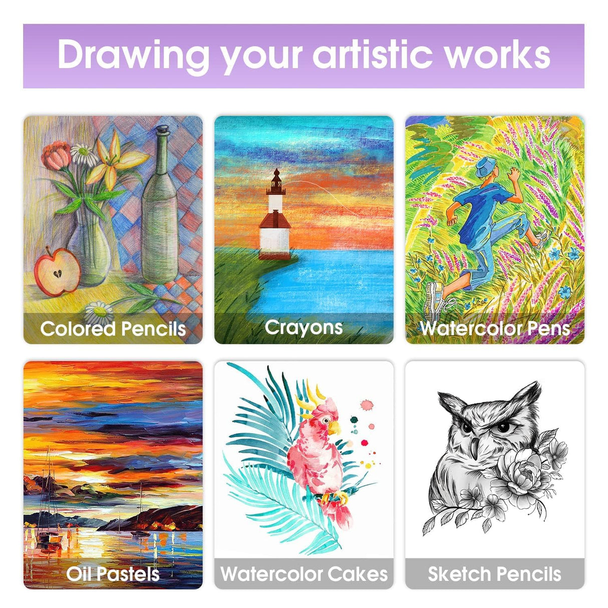 2 Pack Art Kit, Vigorfun Drawing Painting Art Supplies for Kids Girls Boys Teens, Gifts Art Set Case Includes Oil Pastels, Crayons, Colored Pencils, Watercolor Cakes (Purple) VigorFun