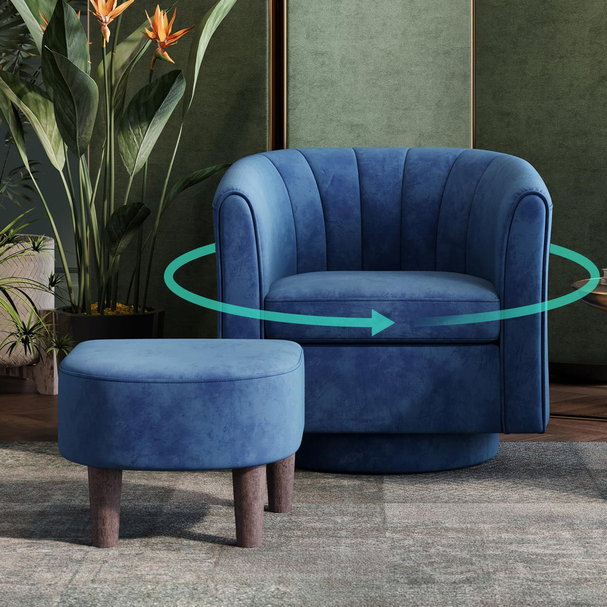 LINSY Swivel Accent Chair Ottoman Set: Velvet Small Barrel Chair with Foot Rest, Modern Reading Chair Upholstered Armchair with Footrest for Living Room Bedroom Study Room Office (Blue) LINSY