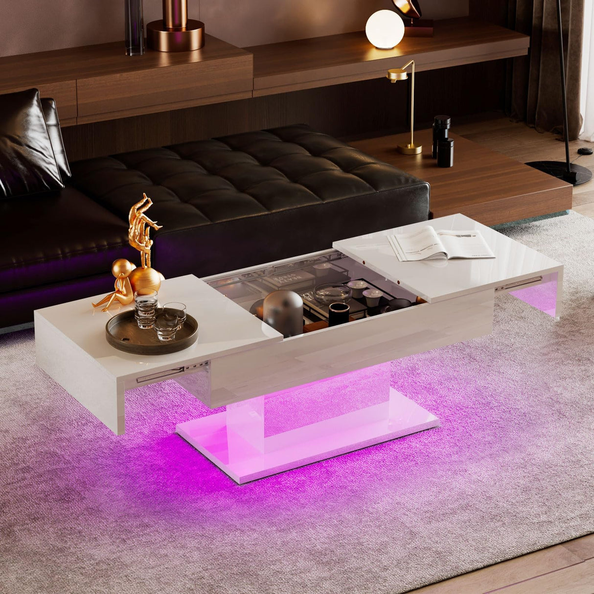 HedoAjim White LED Coffee Table with Storage for Living Room, Living Room Table Rectangular Center Table, Modern High Glossy Wooden Coffee Tables with 16 Colors LED Lights for Dining Reception Room HedoAjim