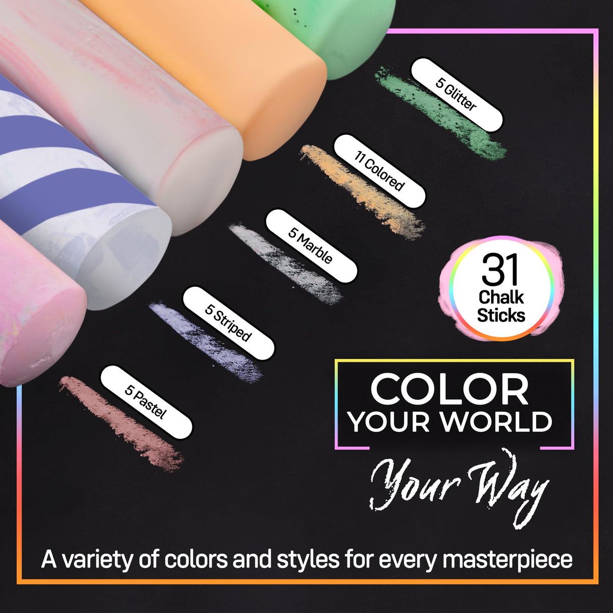 Loddie Doddie 49pc Sidewalk Chalk Bucket – Outdoor Activity Play Set for Kids, 31 Assorted Chalk Sticks, 4 Holders, 10 Ball Refills, 4 Stencils, Outdoor Water Play, Washable, Reusable Bucket Loddie Doddie