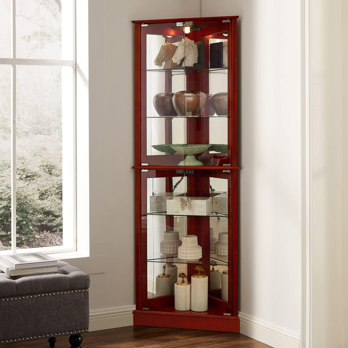 KUVADAZ Lighted Corner Curio Display Cabinet with Doors, 6 Tiers Corner Curio Cabinet with Adjustable Tempered Glass Shelves and Mirrored Back Panel, Modern Glass Display Cabinet No Bulb Cherry KUVADAZ
