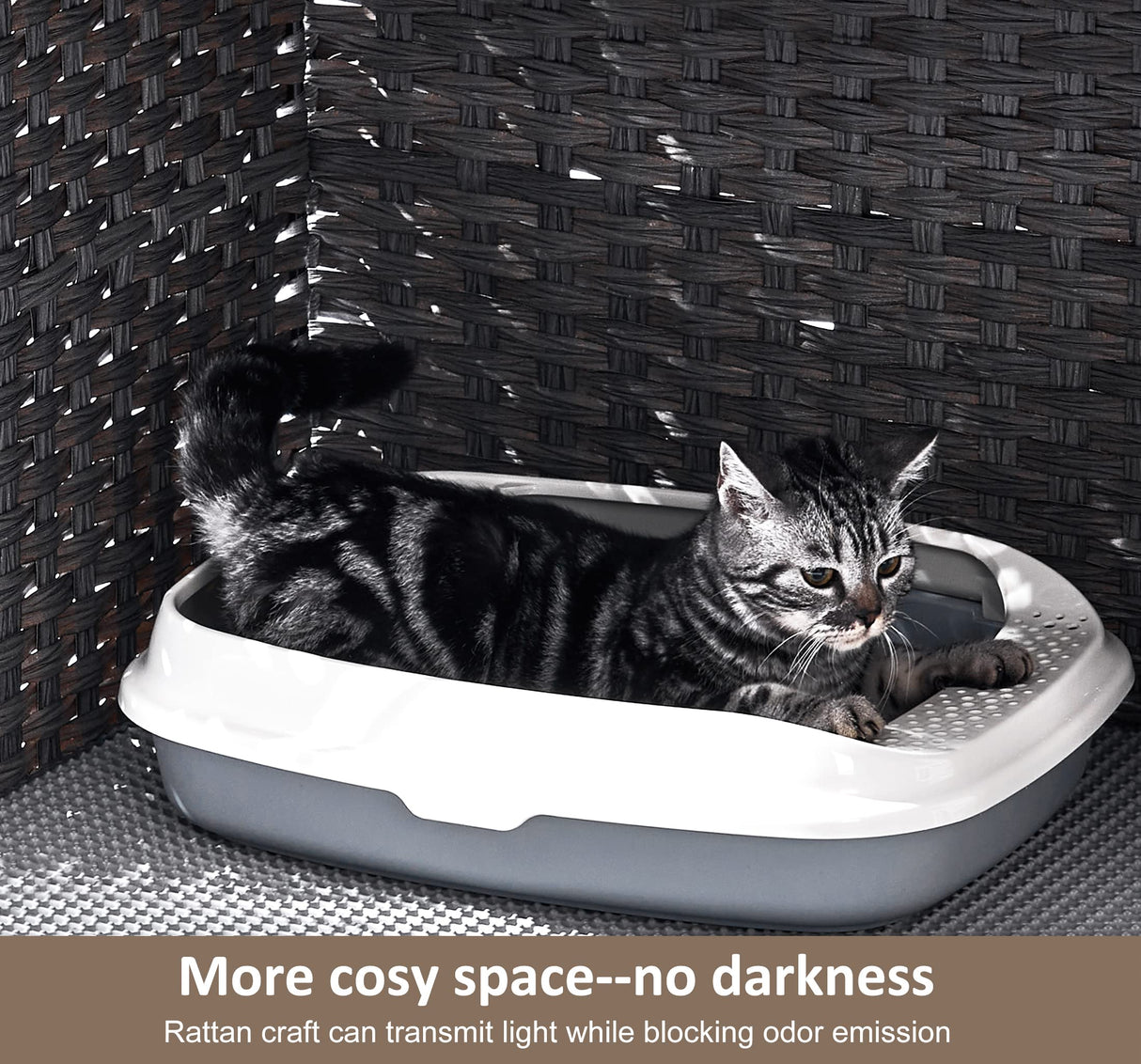 Cat Litter Box Enclosure with Soft Litter Mat; Hidden Washroom Furniture with Door; Handwoven Rattan Cat House with Large Space; Pet Crate for Living Room, Bedroom, Balcony (Grey) Honiakaka