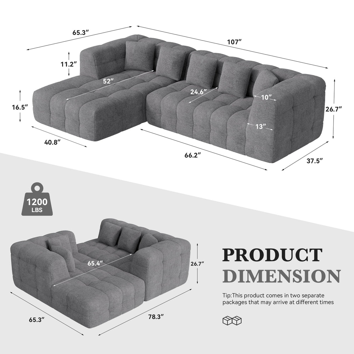 Nalupatio 107" Modern Boneless Couch Cloud Modular Sectional Sofa with L Shaped Chaise, Upholstered Comfy Chenille Couch Bed in a Box,No Assembly Required Nalupatio