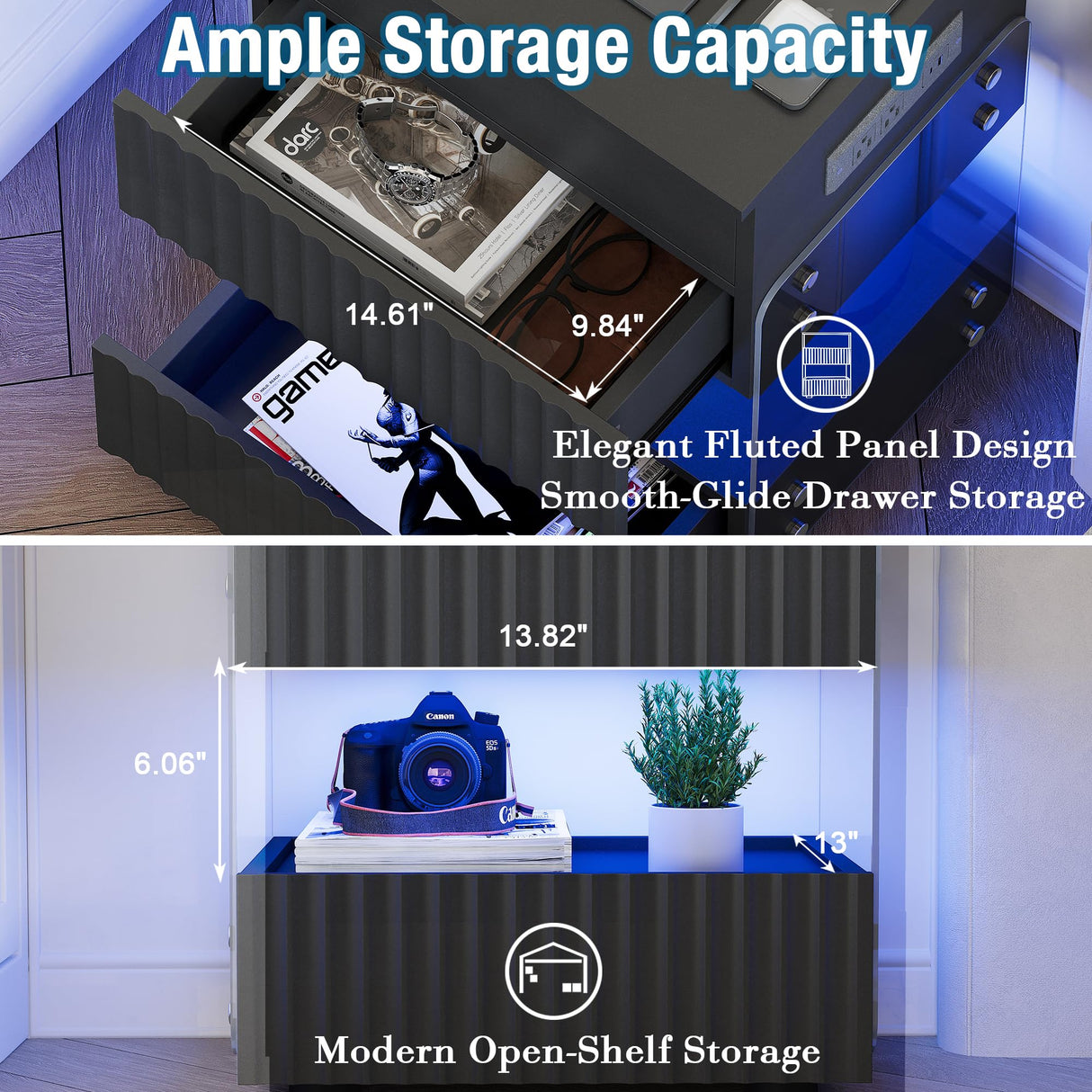 STHOUYN Bedroom LED Nightstand with Gun Drawers, Black Modern Night Stand with USB & Type-C Charging Station, Smart Nightstand Noght Stand, Bedside Table Gun Safe Side End Tables Office (1, Black) STHOUYN