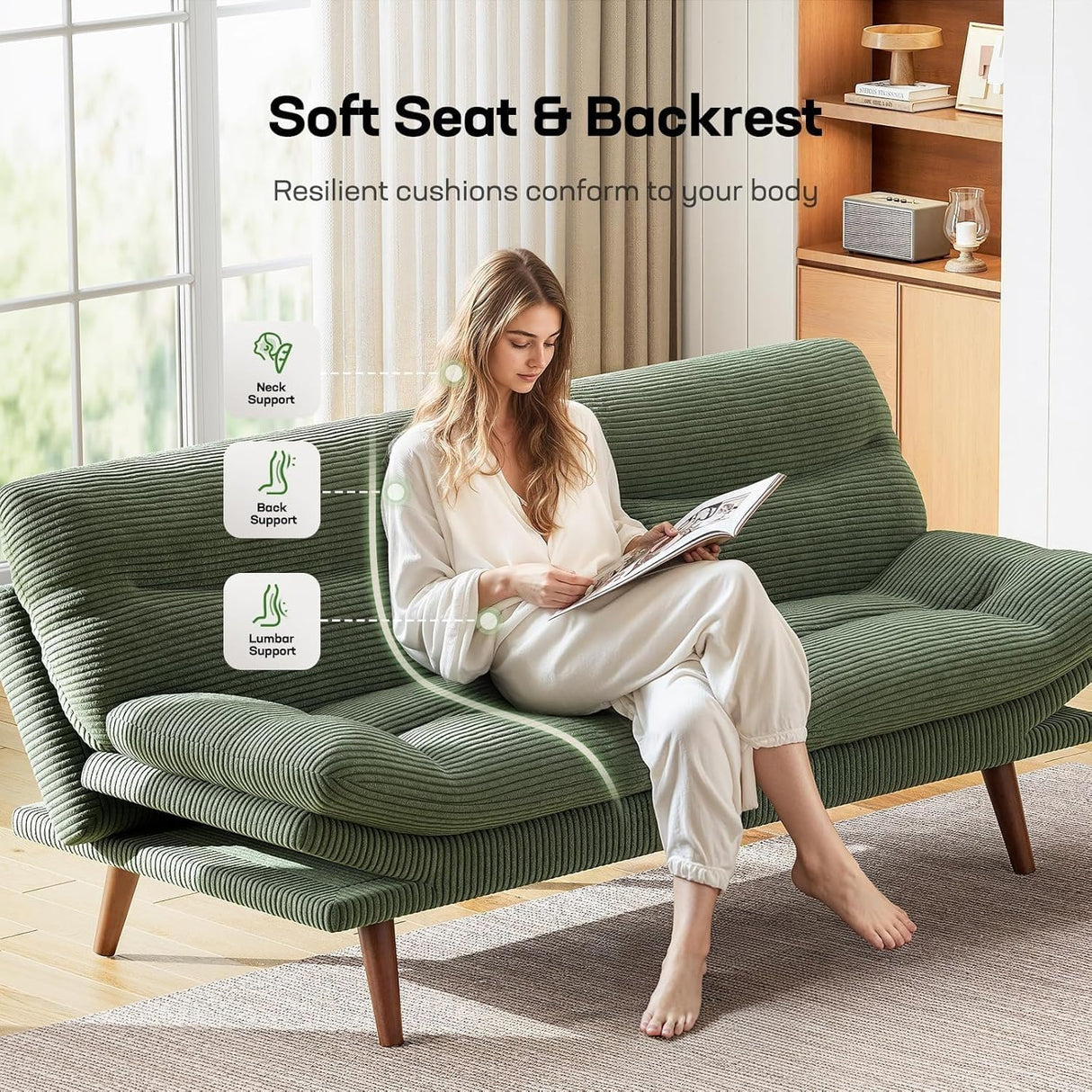 Marsail Futon Sofa Bed, Futon Couch with Adjustable Backrest & Armrests, Convertible Small Sleeper Sofa Bed for Small Apartments, Study Room, Office, Corduroy Loveseat, Green Marsail