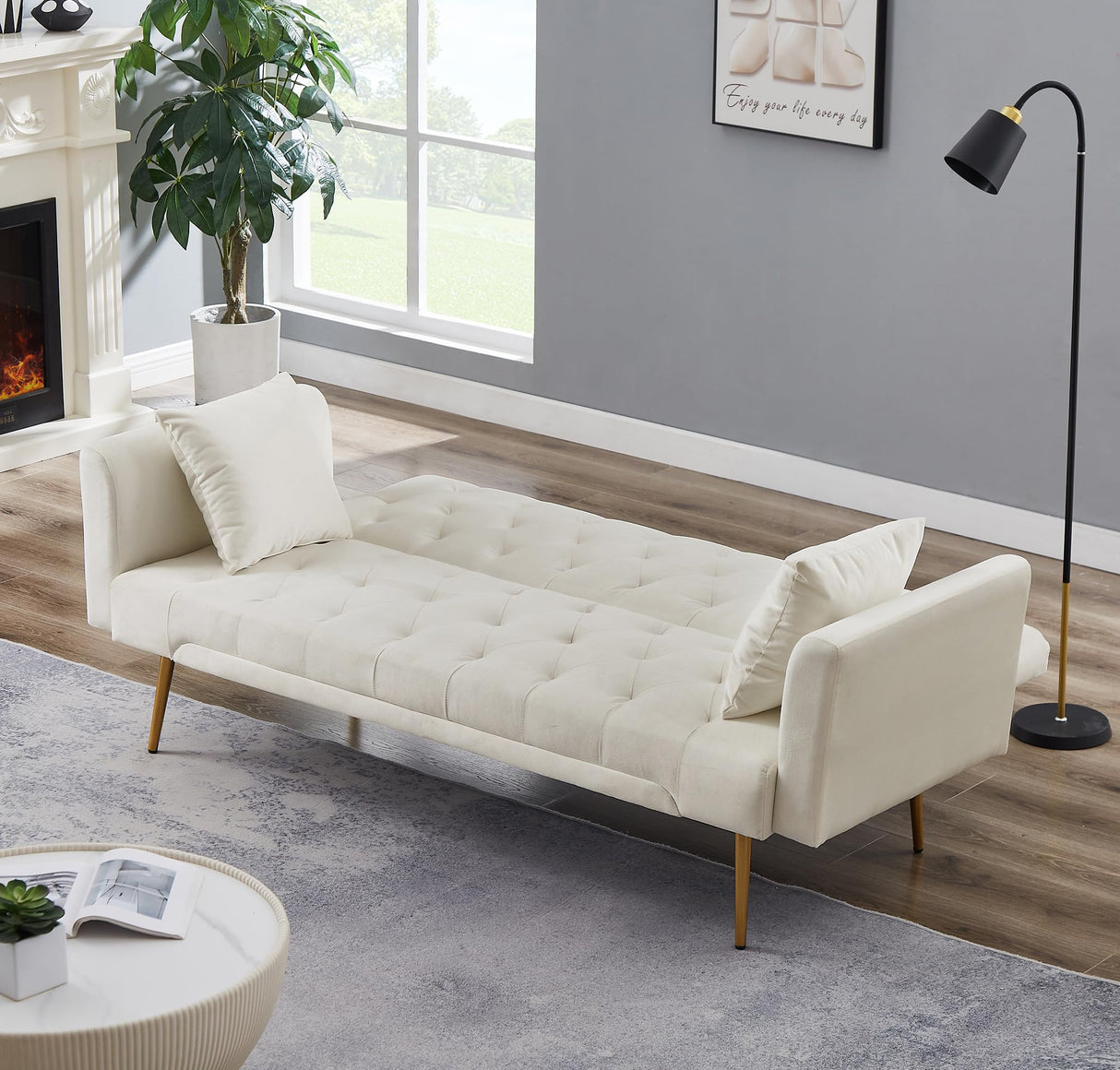 72"Modern Velvet Sofa Bed Futon,Convertible Folding Sleeper Couches with 3 Adjustable Backrests,Tufted Recliner Love Seat with Golden Chrome Legs for Living Room Apartment Home Office (Beige) Anwick