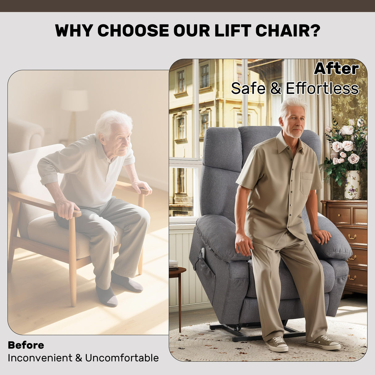 Oversized Power Lift Recliner Chair with Vibration Massage&Heat for Elderly,Classic Upholstered Breathable Fabric Lounge Chair with Side Pockets,USB Charge Port for Living Room,Only One Package Grey Sofetura