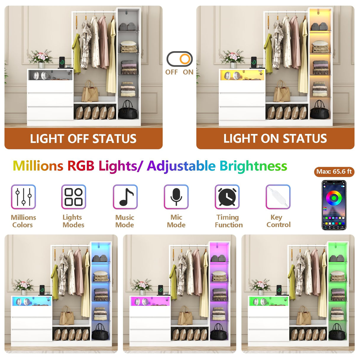 Dresser with Hanging Rack, 3 Drawers Dresser with Charging Station & LED Lights, 55" Chest of Drawers with Open Storage & Adjustable Shelves for Clothes, White Modern Dresser for Bedroom, Closet Gyfimoie