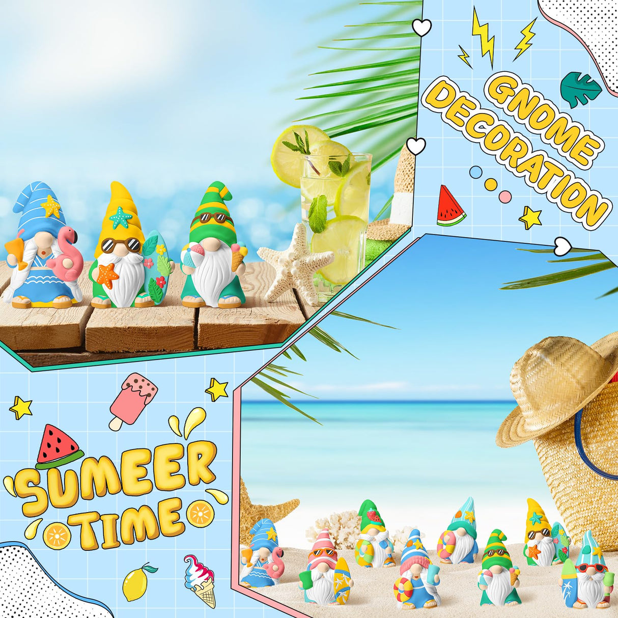 PullCrease 8 Pcs Ready to Paint Your Own Gnome Figurines Unpainted Plaster Crafts with Brush Palette Paint for Boys Adults Girls (Summer), Medium PullCrease