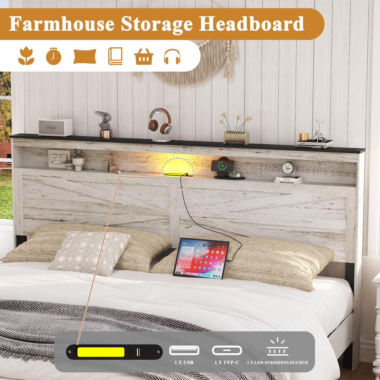 madeslves Farmhouse Wooden Bed Frame King Size with Storage Headboard, Boho Platform Bedframe with LED Lights and Charging Station, Metal Slats Support, No Box Spring Needed, White madeslves