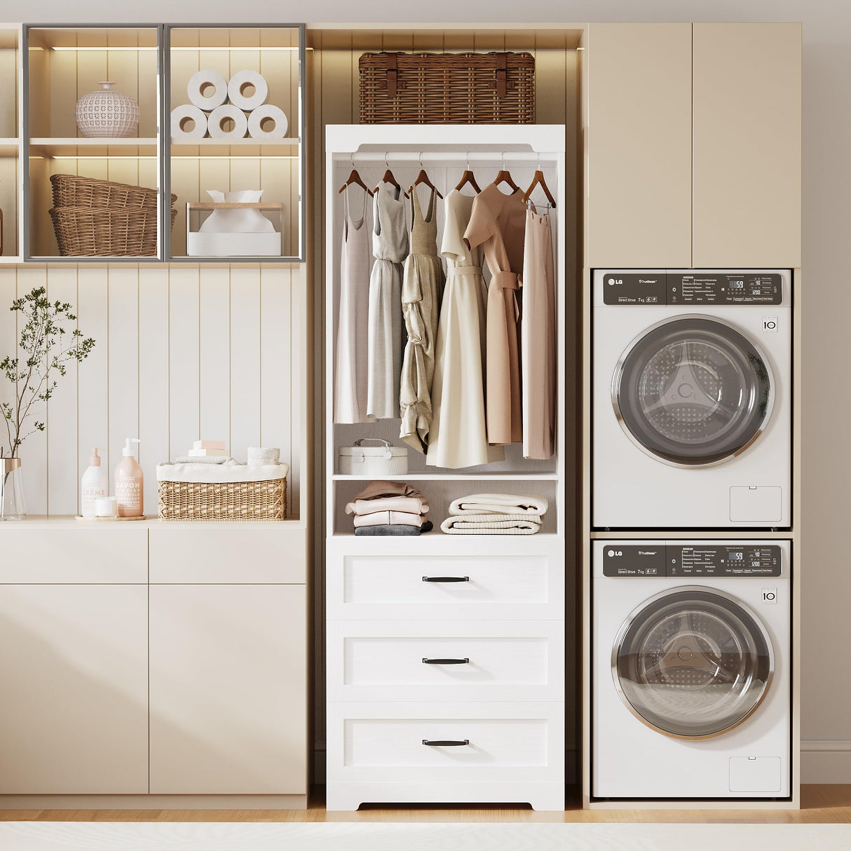 IRONCK Freestanding Closet System with 3 Wood Drawers, Modern Armoire Wardrobe with Adjustable Shelves & Hanging Rod, Walk-in Closet Systems Organizer for Small Closet, White IRONCK