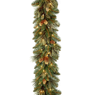 National Tree Company Pre-Lit Artificial Christmas Garland, Green, Carolina Pine, White Lights, Decorated with Pine Cones, Plug In, Christmas Collection, 9 Feet
