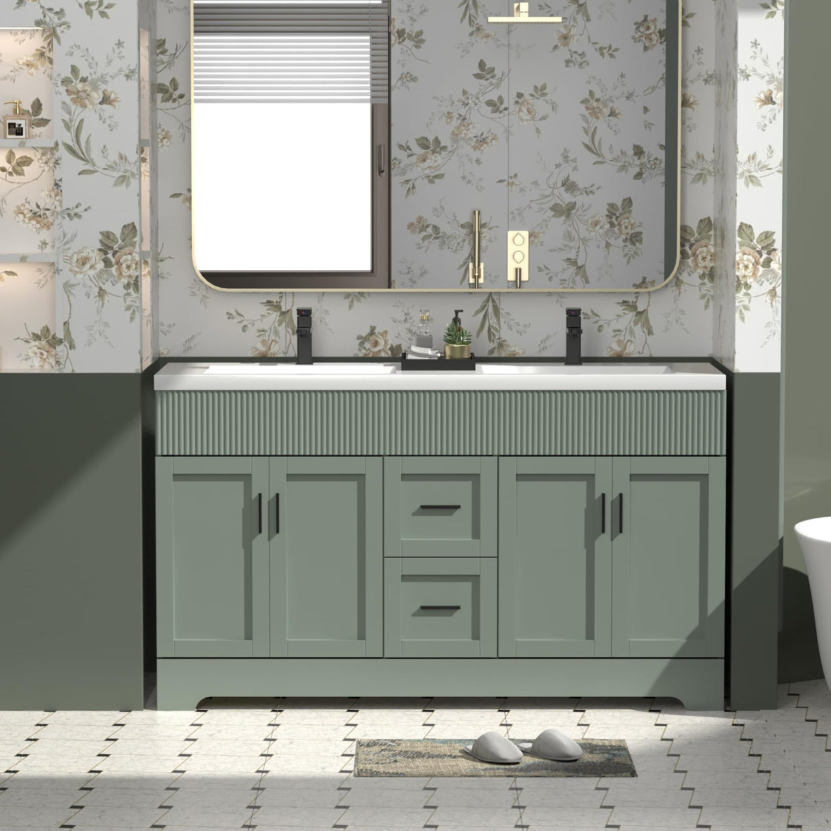 eclife 60" Bathroom Vanities Sink Combo with Painted Surface, Modern Drawered Cabinet W/Decorative Wave Lines, Undermount Double Sink, Matte Black Faucet Drain, Green eclife