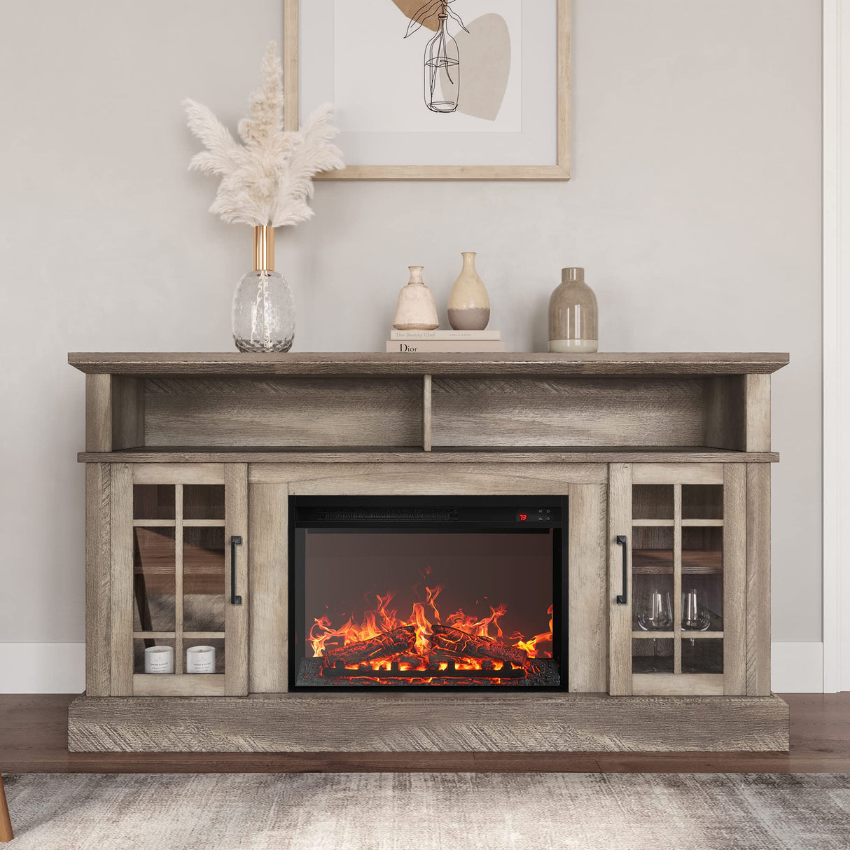 BELLEZE Traditional 58" Rustic TV Stand with 23" Electric Fireplace Heater with Sound, Media Entertainment Center Console Table for TV up to 65" with Open Storage Shelves and Cabinets - Ashland Pine BELLEZE