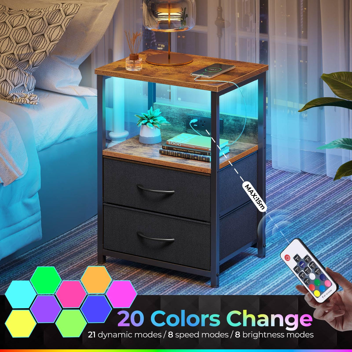 Seventable Nightstand Set of 2 with Charging Station, Bedside Table with LED Lights, Night Stand with 2 Fabric Drawers, 3-Tier Storage End Table for Bedroom, Rustic Brown Seventable