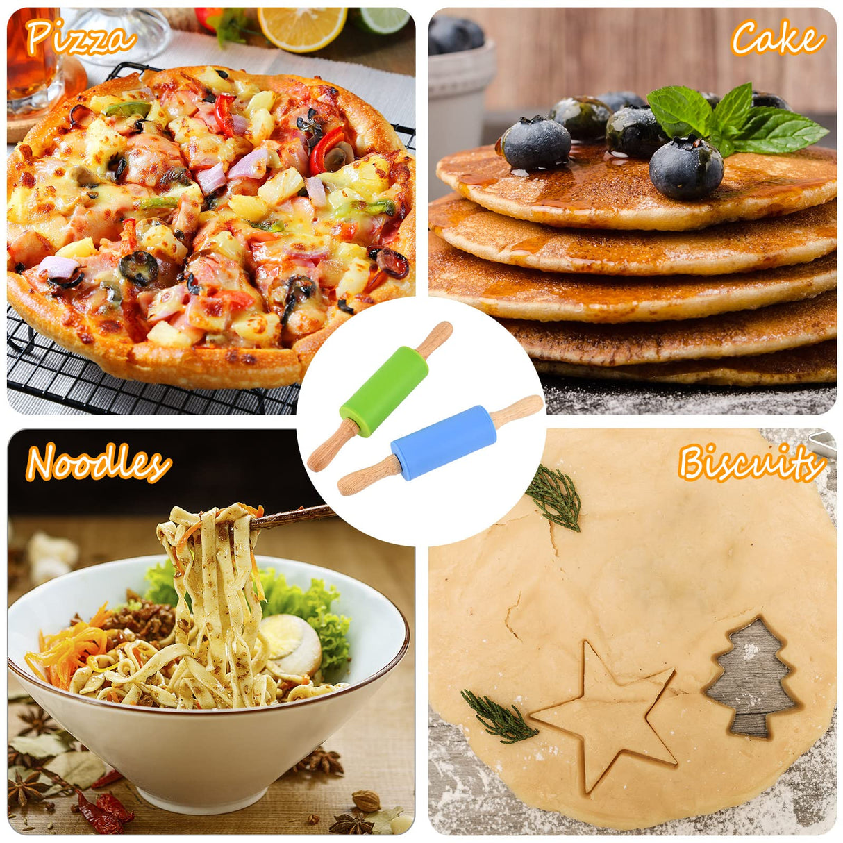 Honglida Mini Silicone Rolling Pin for Kids, Non-stick Surface Wood Handle, 9 Inches 2 Pack Honglida