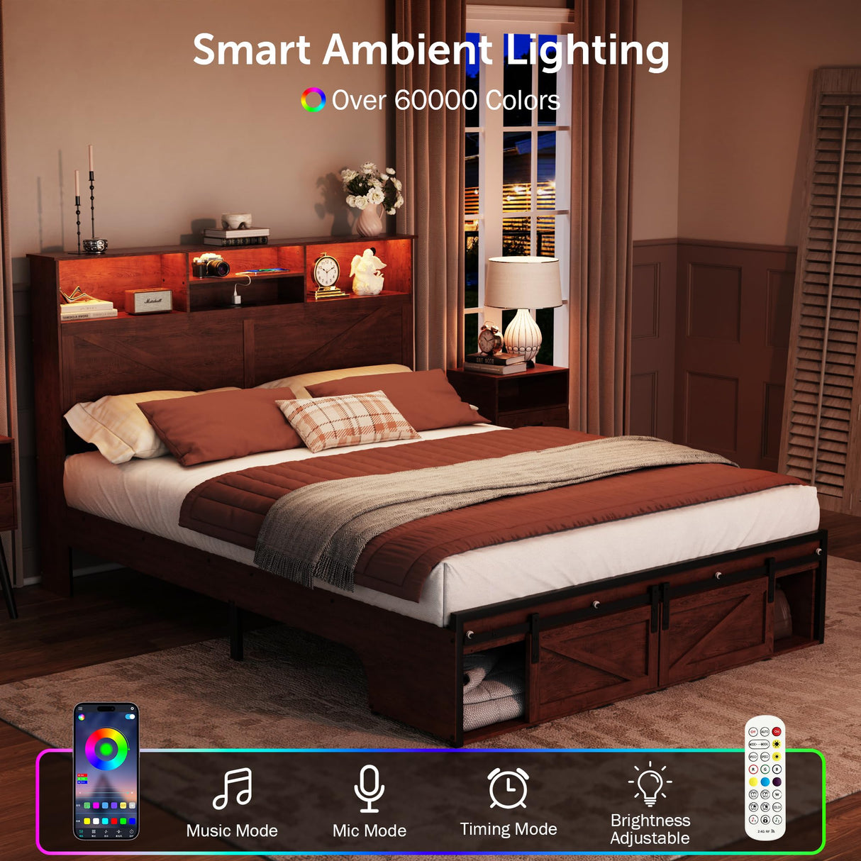 Ufurpie Queen Size Bed Frame with 5-Tier Bookcase Headboard & Storage Footboard, USB Charging Station & LED Lights, Sturdy 1200 lbs Steel Support, No Box Spring Needed,Brown Ufurpie