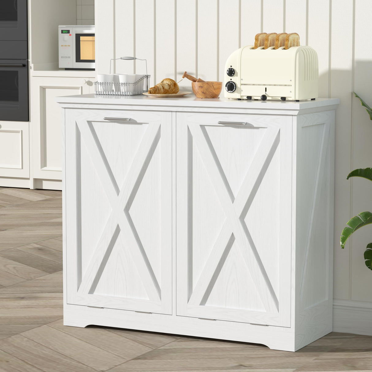 TOLEAD Tilt Out Trash Can Cabinet, 10 Gallon Kitchen Trash Cabinet Hidden Trash Can with Deodorizing & Negative Ion Pet Proof for Kitchen,Dining Room, Living Room,Double White TOLEAD