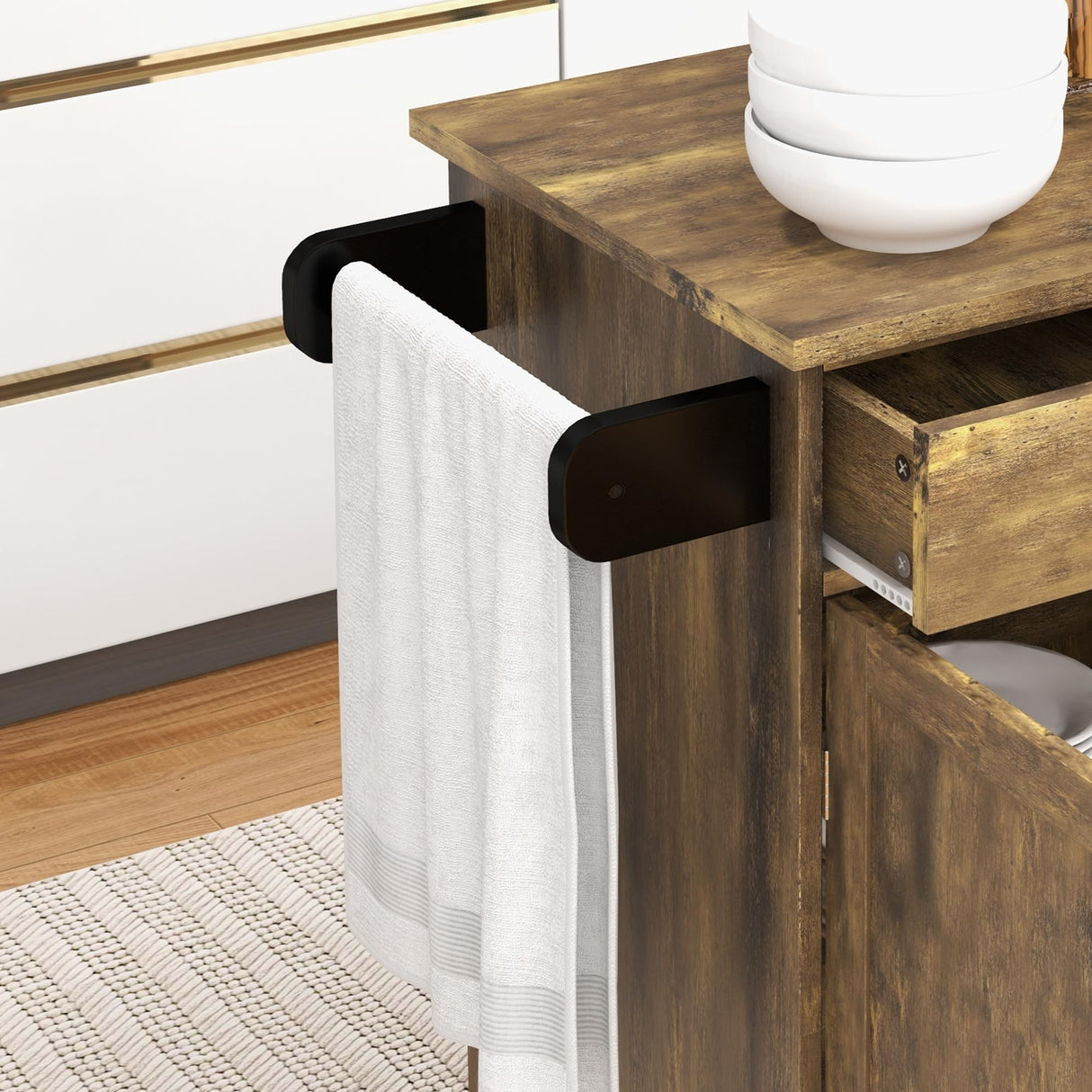 HOMCOM Kitchen Island Cart Rolling Trolley Cart with Drawer, Storage Cabinet & Towel Rack, Rustic Brown HOMCOM