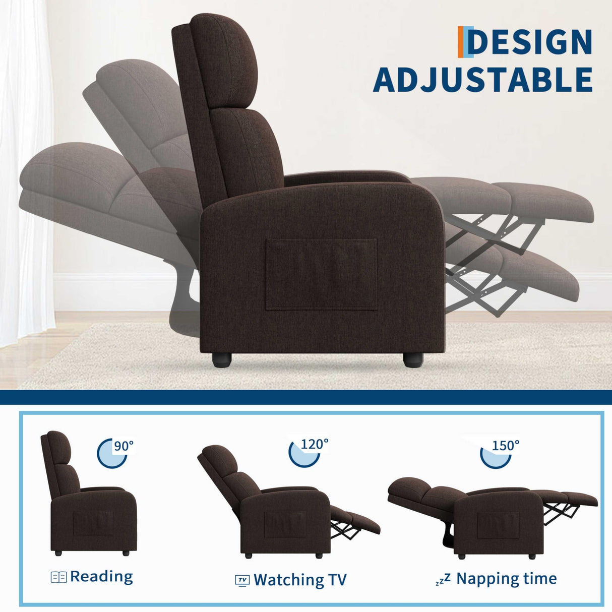 Garvee Recliner Chair for Adults, Lazy Recliner Ergonomic Adjustable Single Sofa Enhanced with Side Pocket, Tall Back, Wide Arms & Padded Seat, Home Theater Seating for Living Room Garvee