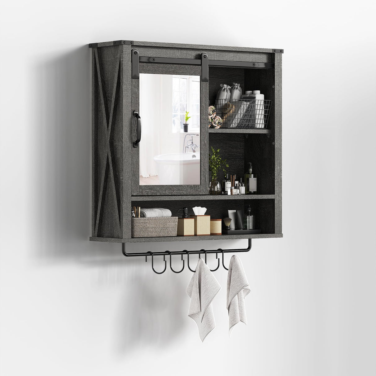 RoyalCraft 28in Bathroom Cabinet Wall Mount with Sliding Mirror Door, Over The Toilet Storage Cabinet, Farmhouse Medicine Cabinet with Shelves and Towel Bar for Living Room, 28" W x 29" H, Dark Grey RoyalCraft