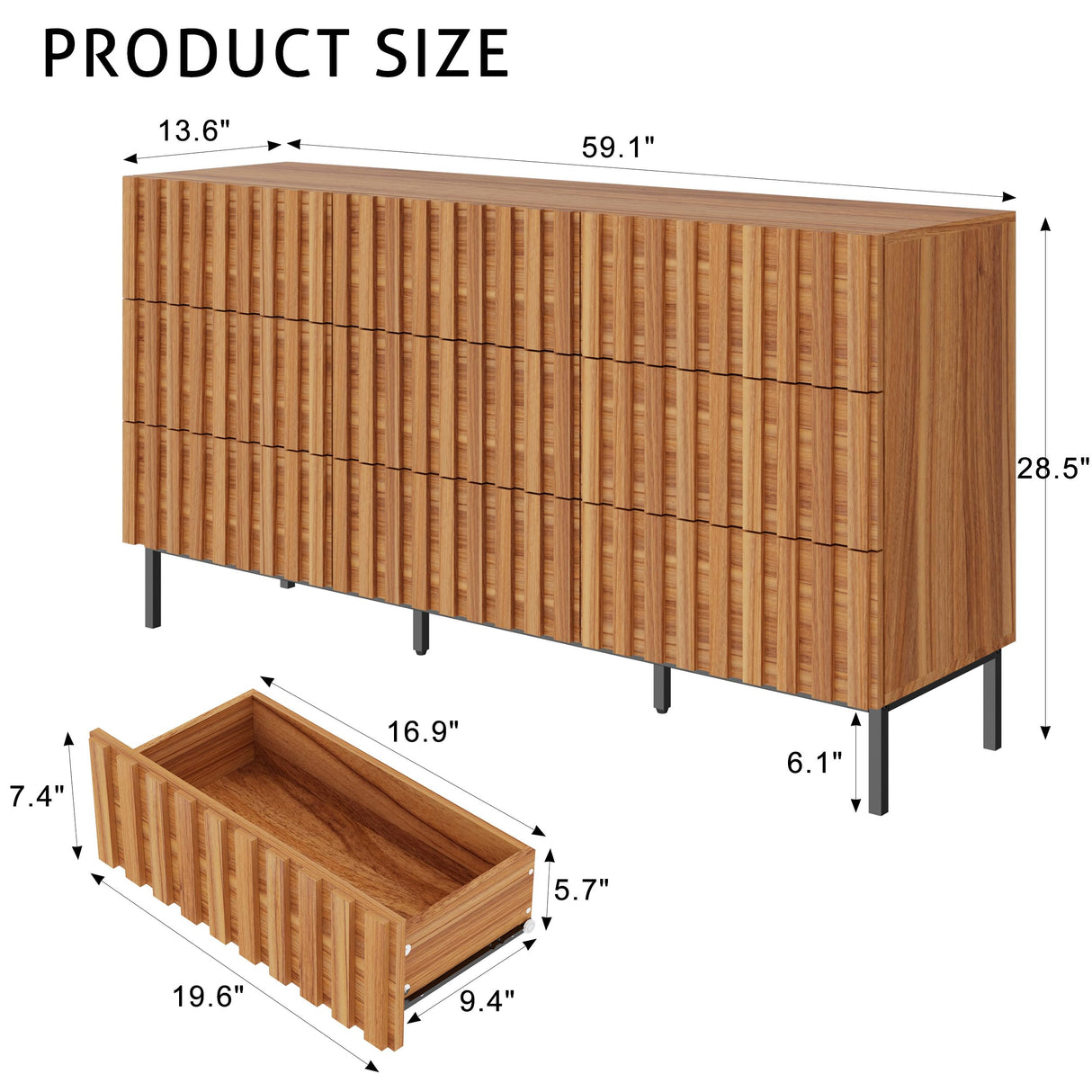 UEV 59" Fluted Dresser with 9 Drawers, 9 Drawer Dressers for Bedroom, Mid Century Modern Fluted Dresser, Long Chest of Drawers TV Stand for Living Room, Hallway (Natural Wood) UEV