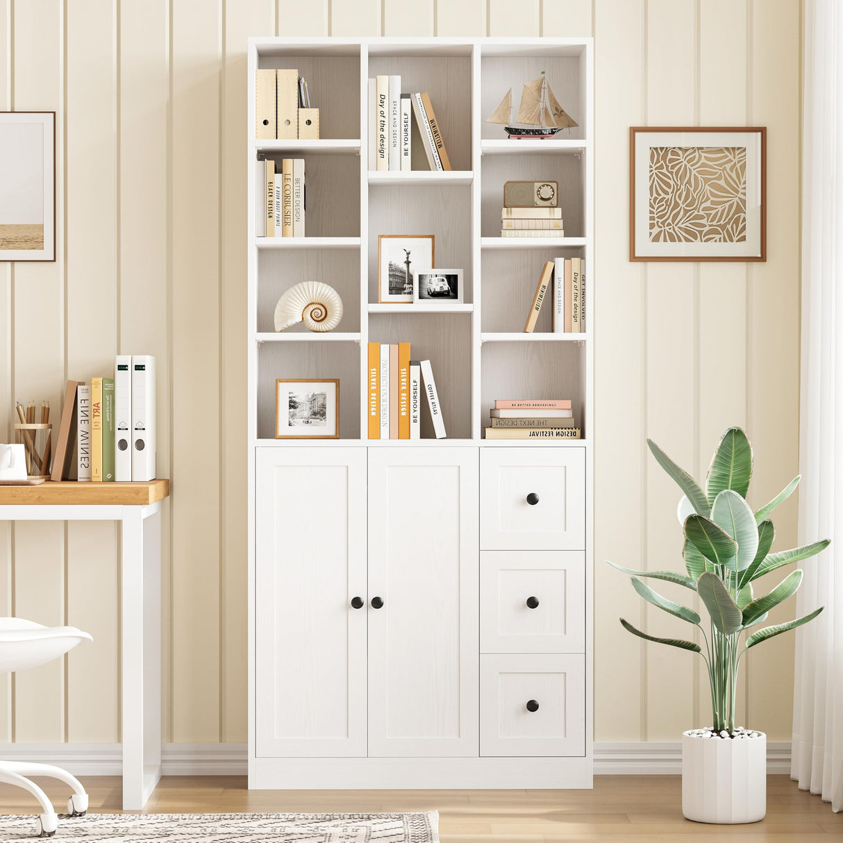 IRONCK Bookshelf and Bookcase with Doors and Drawers, 71" Tall 7 Tier Bookshelf with Display Storage Shelves for Home Office, White IRONCK