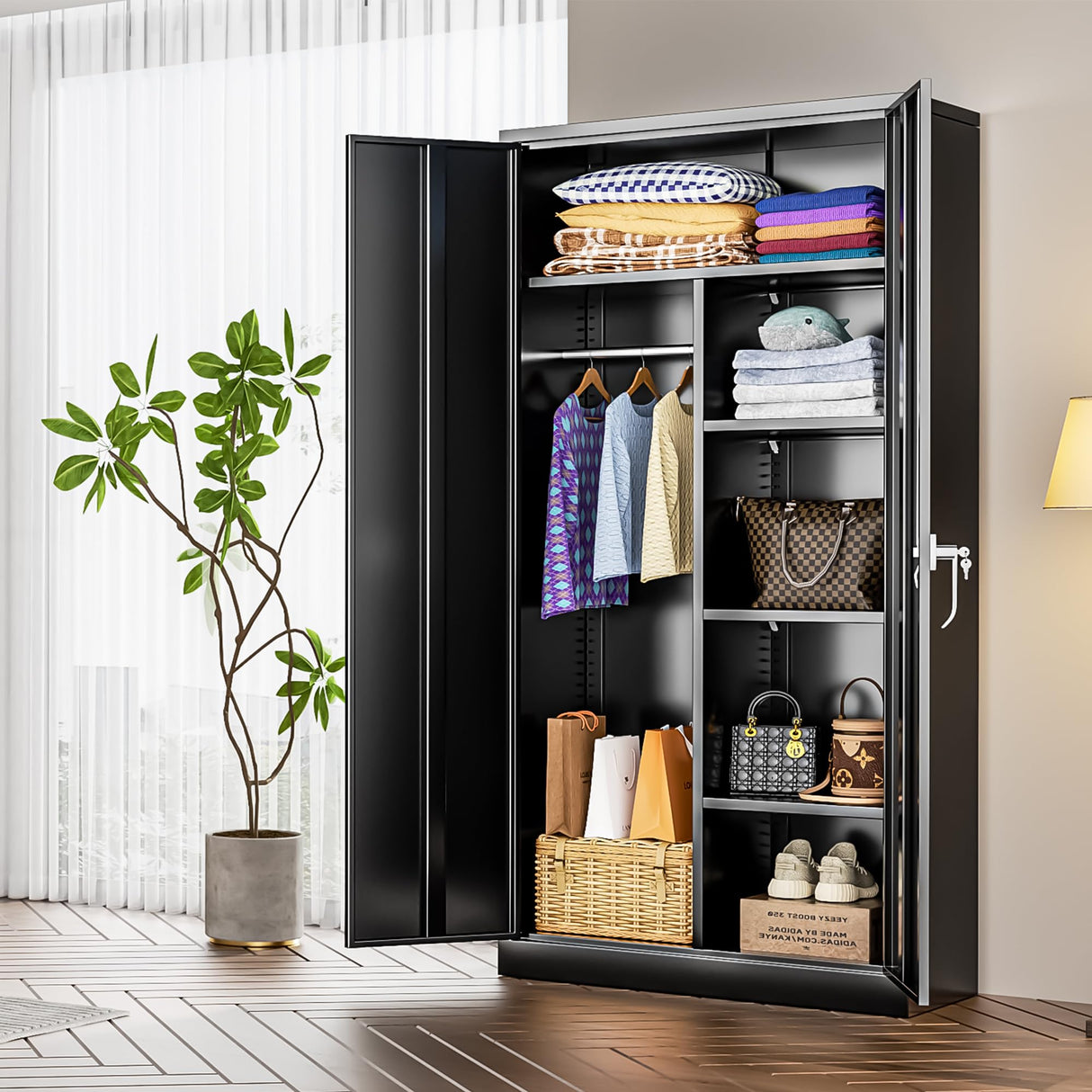 INTERGREAT Metal Wardrobe Closet, 72" Black Locking Storage Wardrobe Cabinet with Doors and Shelves, Tall Steel Clothes Storage for Office, Home, School, Gym INTERGREAT
