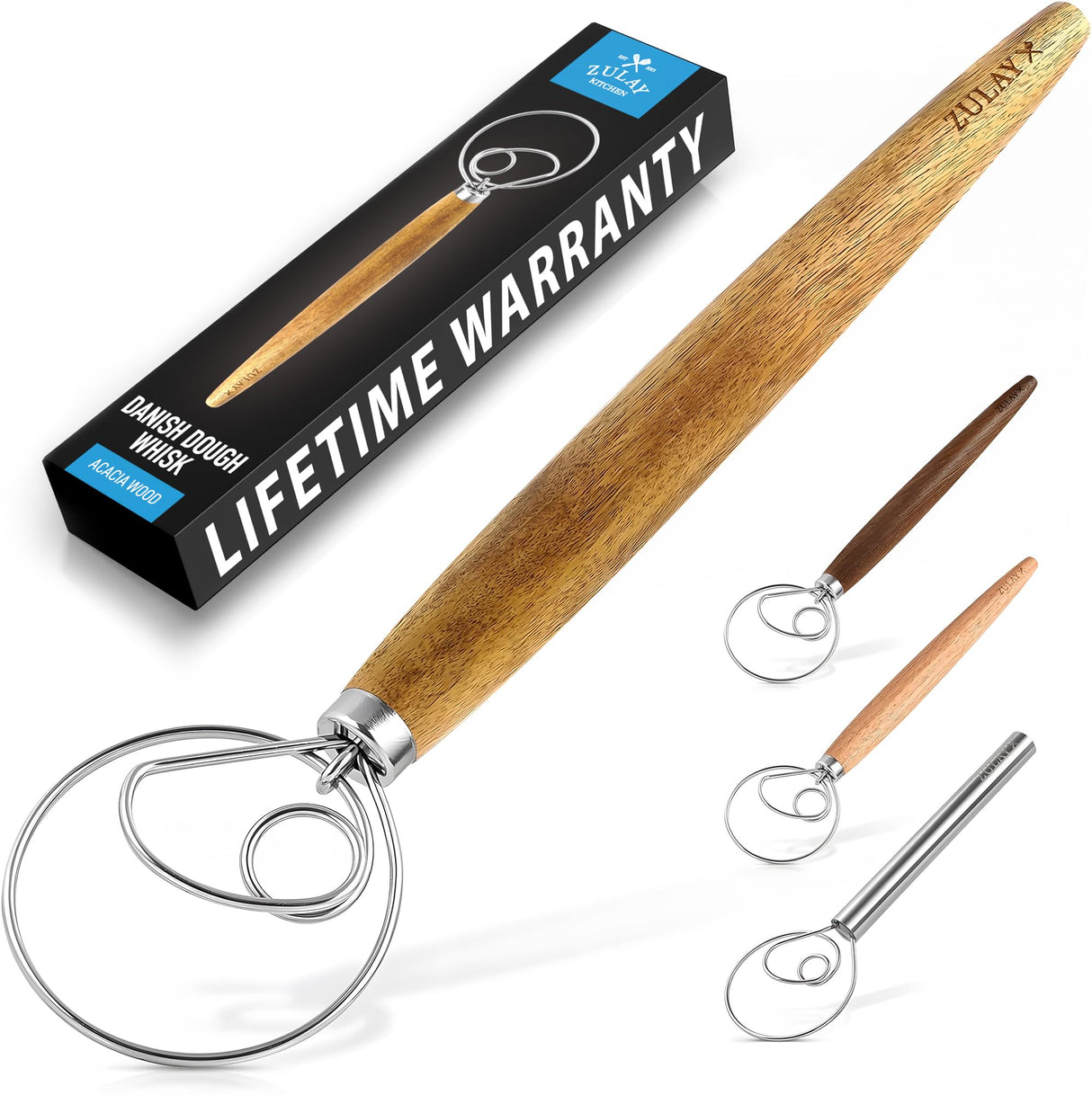 Zulay Kitchen 13 Inch Danish Dough Whisk - Large Wooden Danish Whisk For Dough With Stainless Steel Ring - Traditional Dutch Whisk Baking Tool For Bread, Batter, Cake, Pastry (Acacia Wood) Zulay Kitchen