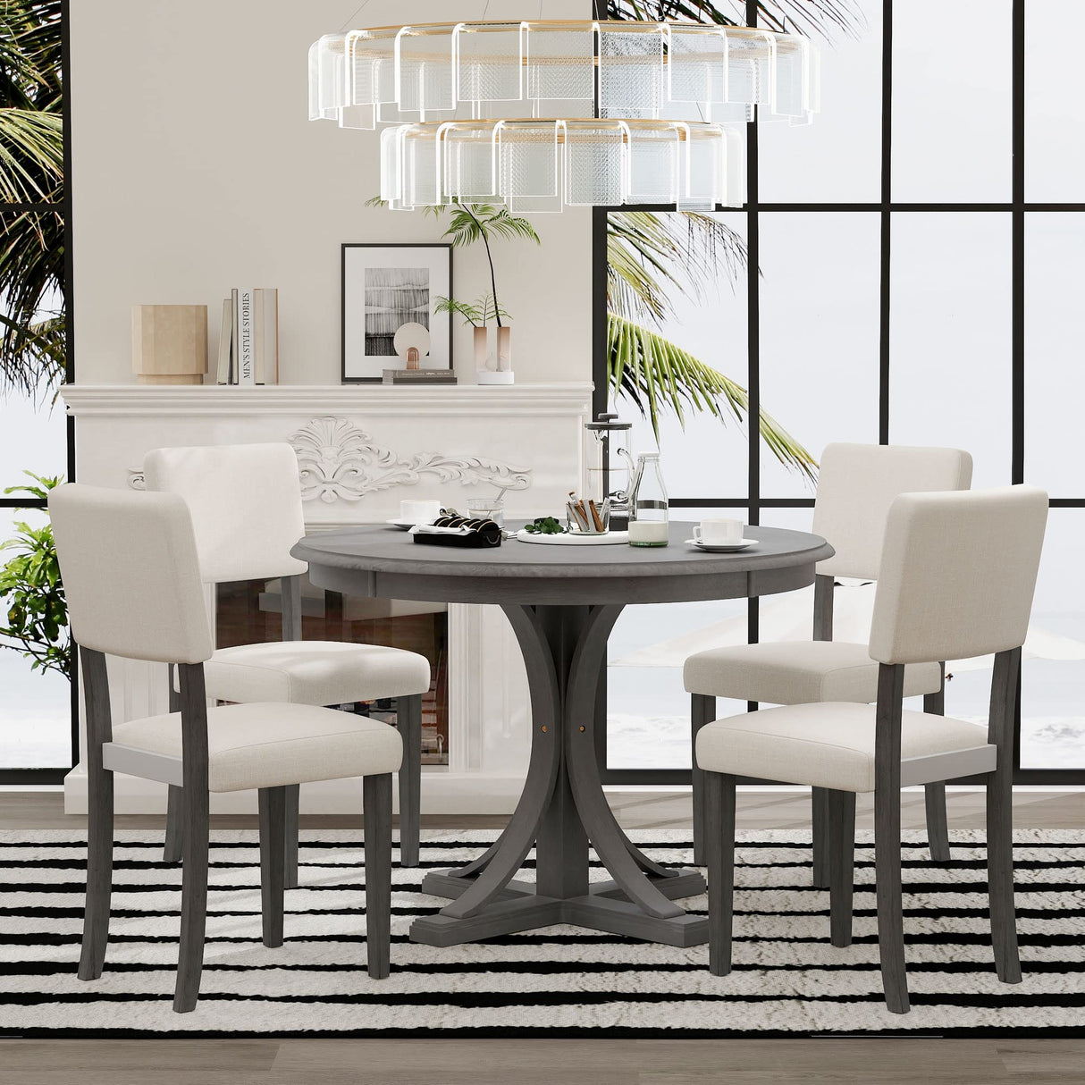Merax 5-Piece Retro Round Dining Table Set with Curved Trestle Style Legs and 4 Upholstered Chairs, Kitchen Furniture, Dark Gray Merax