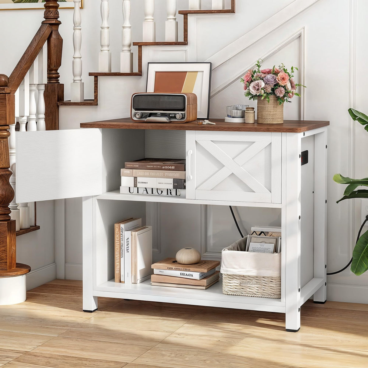 YITAHOME Farmhouse TV Stand for 40 Inch with Power Outlet, Wooden TV Media Console with Storage Cabinet for 660lbs, Rustic Entertainment Center Table TV Cabinet for Living Room, White Oak YITAHOME