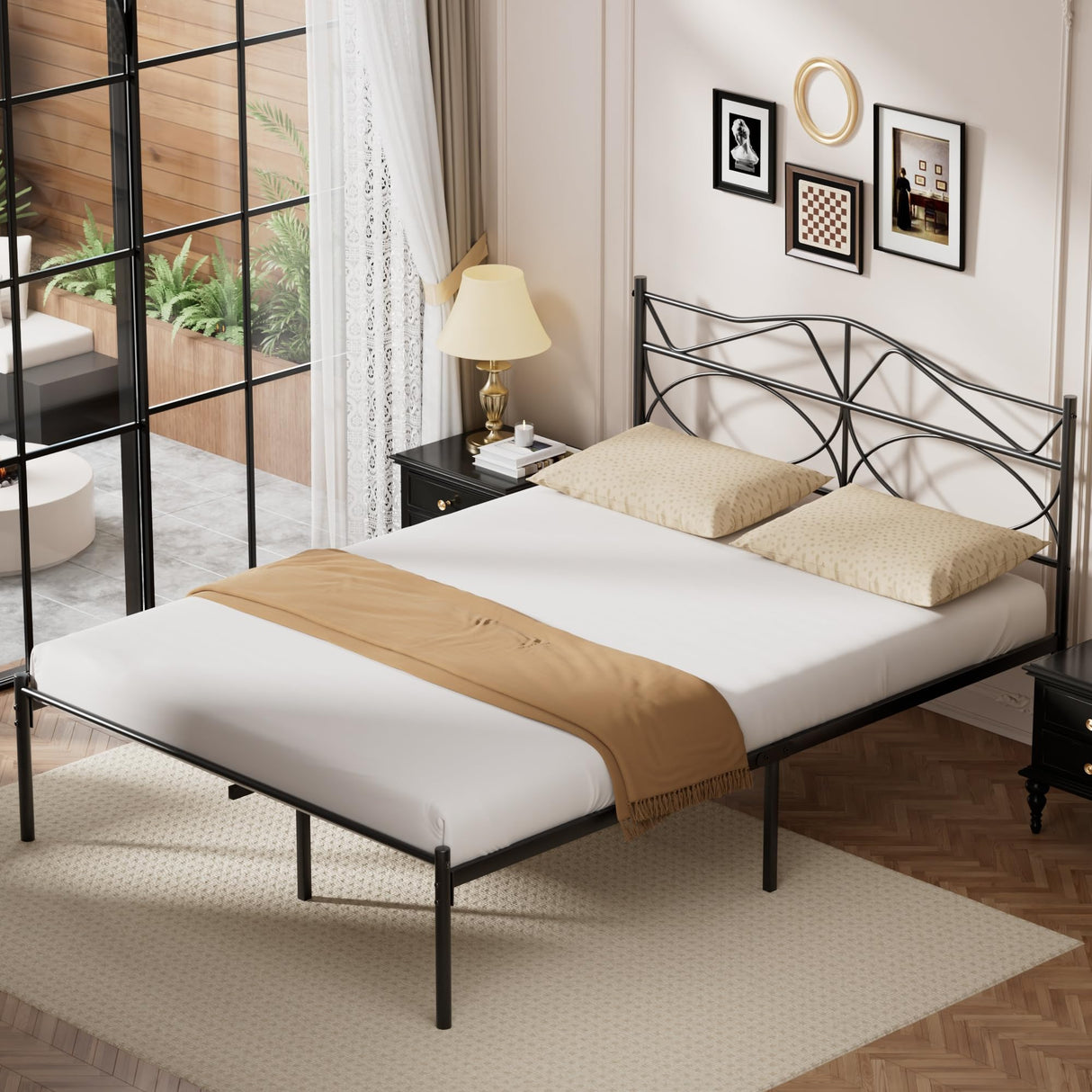 VECELO Queen Size Bed Frame, Metal Bed Platform with Headboard, Sturdy Steel Slats Support, No Box Spring Needed/Noise-Free,Easy Assembly, Black VECELO