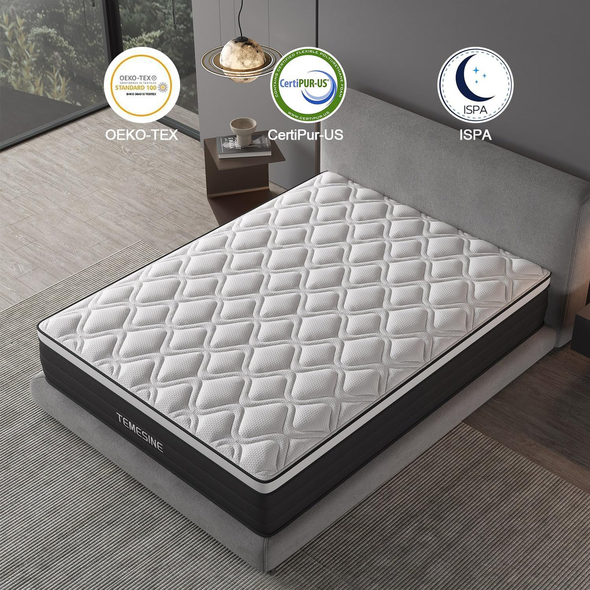 Full Size Mattress, 14 Inch Hybrid Mattress in a Box with Individual Pocket Spring, Gel Memory Foam and Euro Top, Medium Firm Feel with Motion Isolation, Pressure Relief, Edge Support, Black TEMESINE