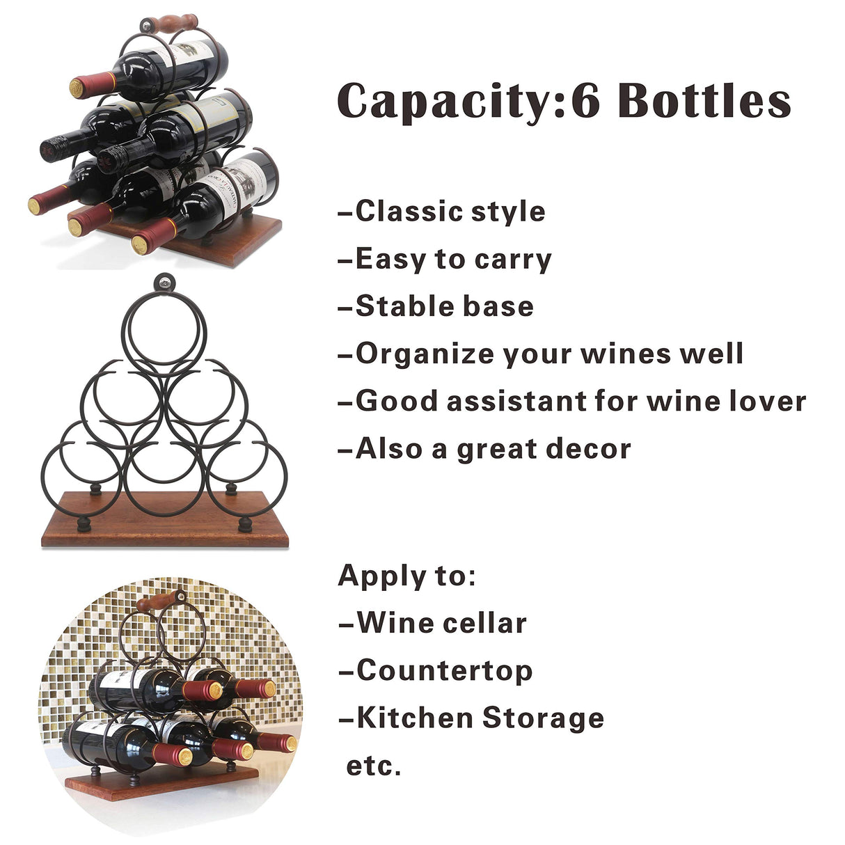 ALLCENER Countertop Wine Rack, Tabletop 6 Bottles Wood Wine Holder, Sturdy Handle, 3-Tier Rustic Classic Design, Simple Assembly, Wood & Metal (Copper) ALLCENER
