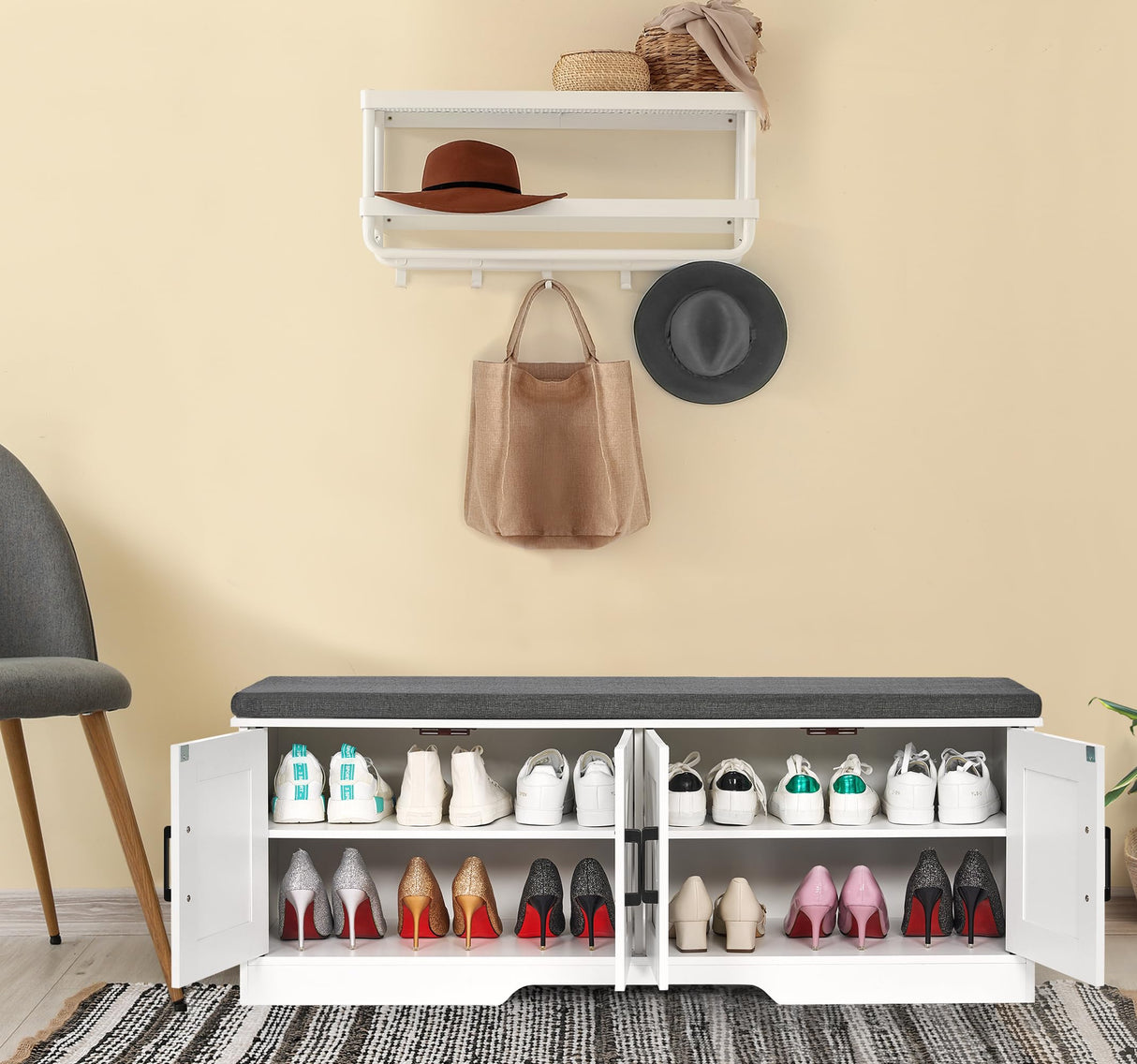 HOMSHO 2-Tier Storage Bench, Shoe Bench with Padded Seat Cushion, Entryway Bench with 4 Barn Doors, Adjustable Shelf, 13.8" D x 47.2" W x 17.7" H, for Entryway, Living Room, Bedroom, White HOMSHO