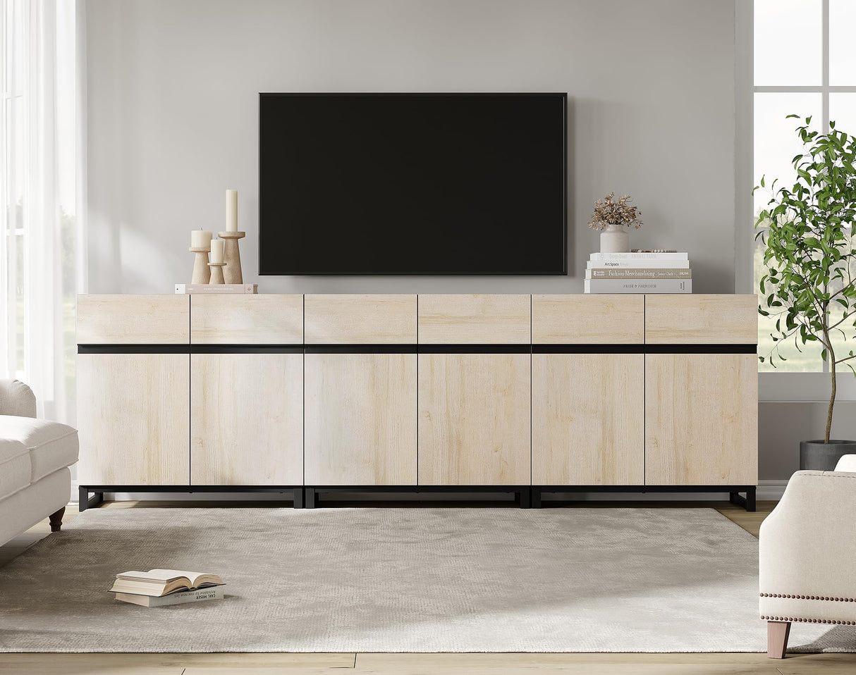 WAMPAT Modern TV Stand for 75-110 Inch TVs, Wooden Entertainment Center TV Console with Metal Base &Adjustable Shelves for Living Room,Bedroom,94.5 Inch, Light Oak WAMPAT