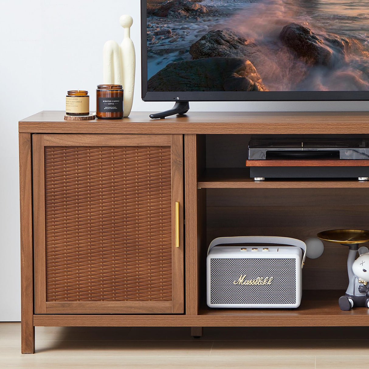 affeivul Mid Century Modern TV Stand with Storage Cabinet, 65 inch Low TV Console Table, Rattan TV Stand with Doors, Rustic Walnut TV Entertainment Stand with Shelves for Bedroom/Living Room affeivul