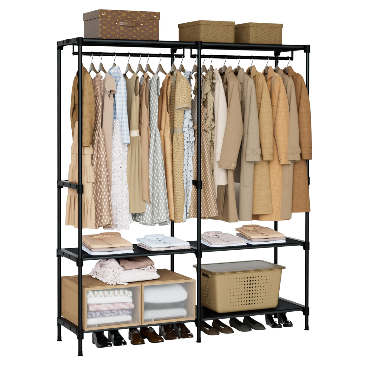 CASAMAYA Clothes Rack, Portable Closet, 54.3 Inch Large Capacity Wardrobe Closet, Clothes Storage Organizer with Shelves and 2 Hanging Rods, Easy to Assembly, Black PCT002B01 CASAMAYA