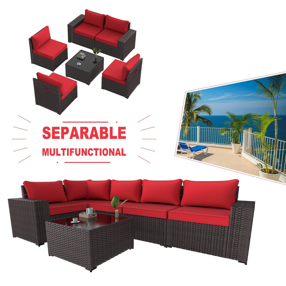 Kullavik 6PCS Outdoor Patio Furniture Set PE Wicker Rattan Sectional Sofa Patio Conversation Sets,Red Kullavik